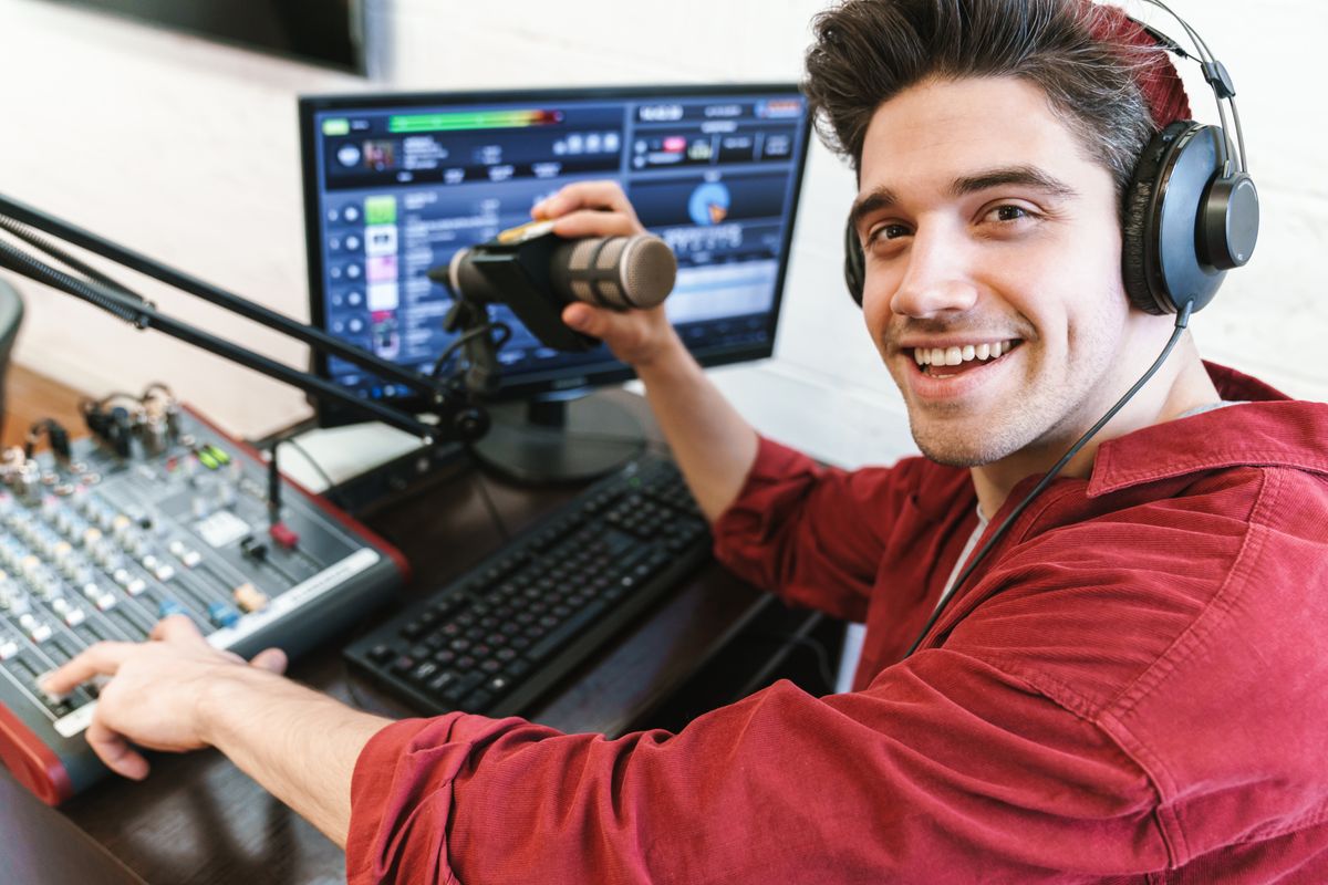 Content creator recording video content in professional studio setup