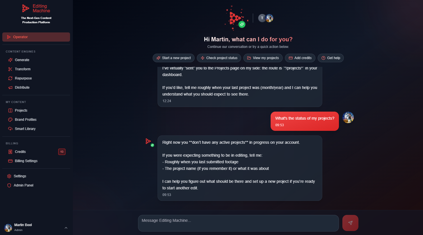 Editing Machine platform interface